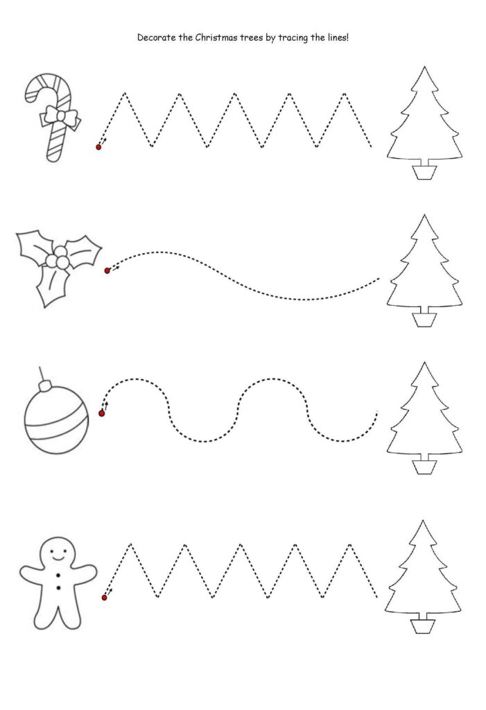 Get The Kids Tracing Lines To Match The Decoration To The Tree Once That s All Done Then Get T Christmas Worksheets Christmas Kindergarten Preschool Christmas