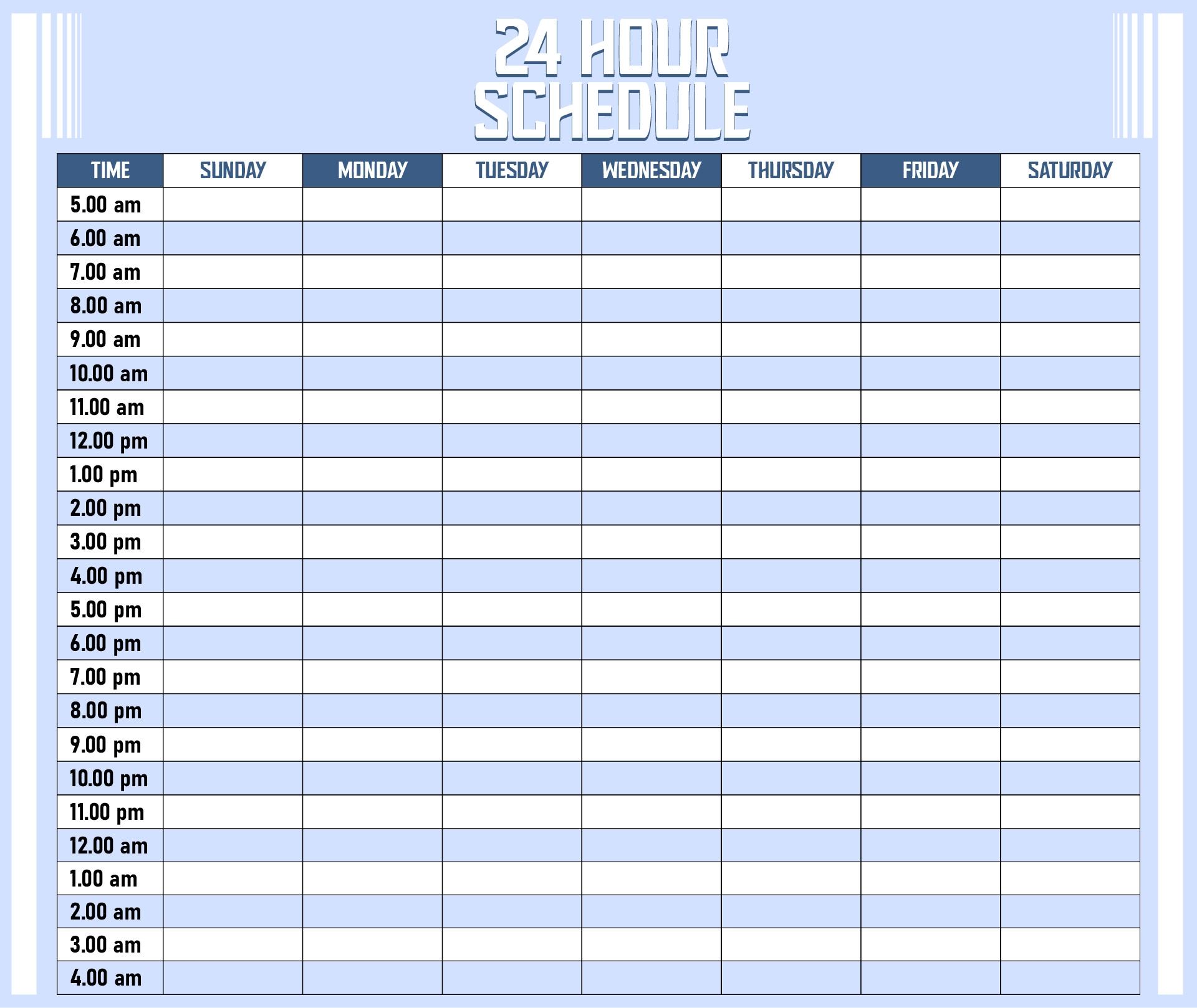 Printable 24 Hour Weekly Schedule Template