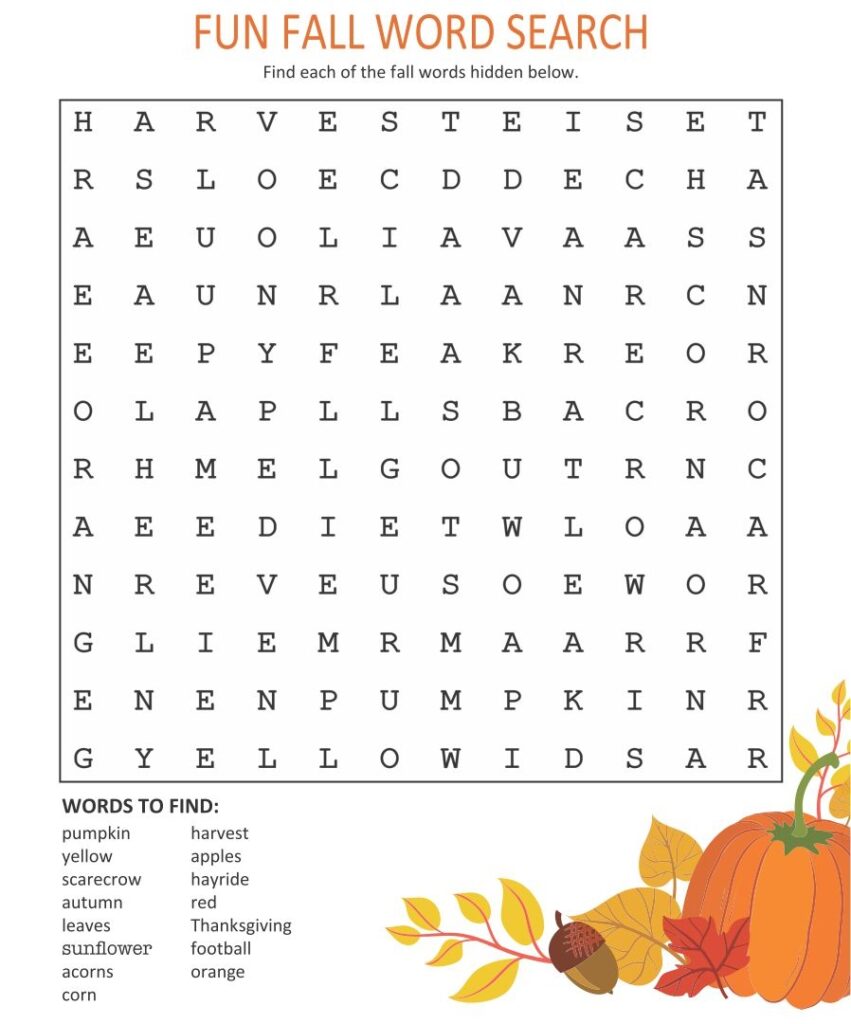 Autumn Word Search Free Printable