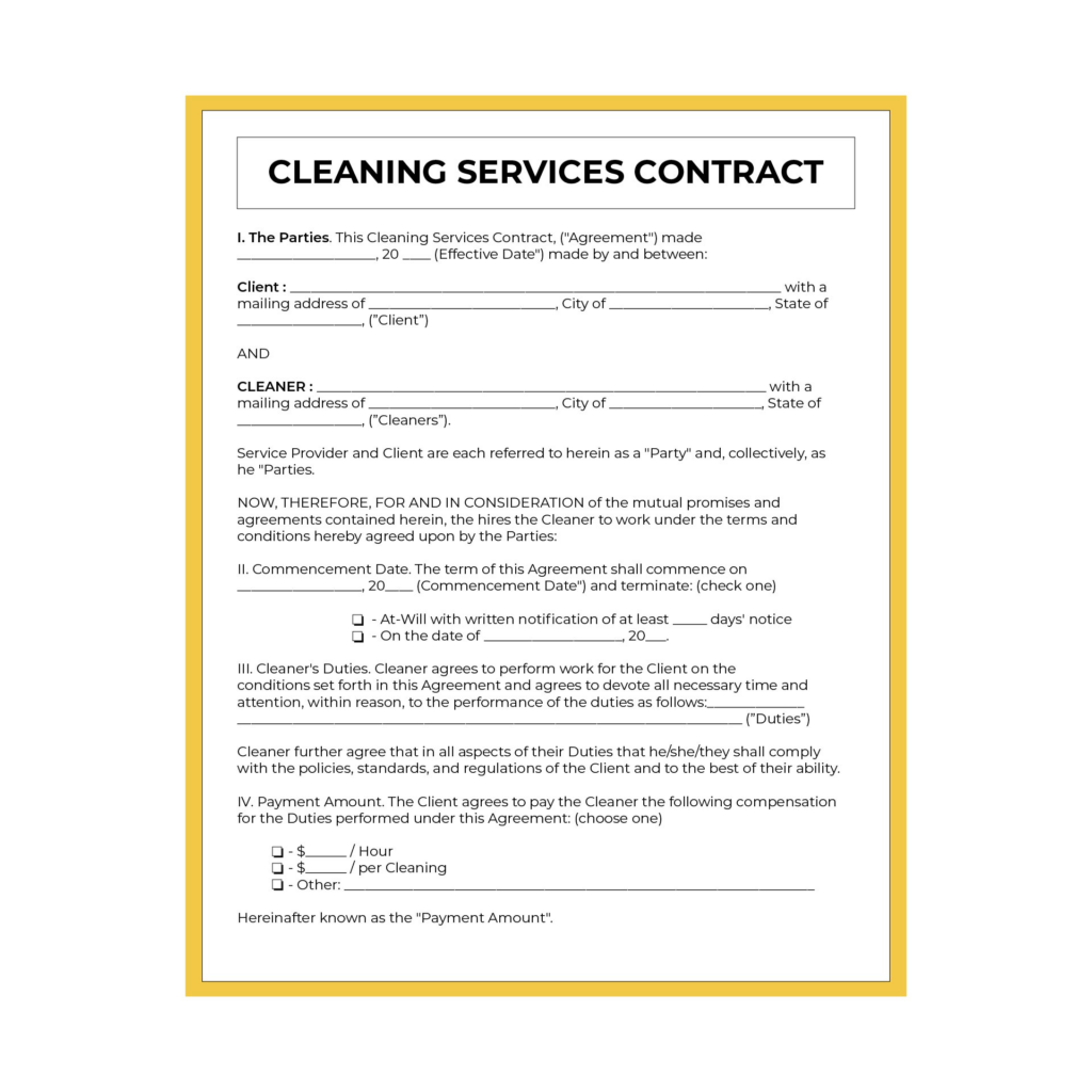 Free Printable Cleaning Contract Template Word