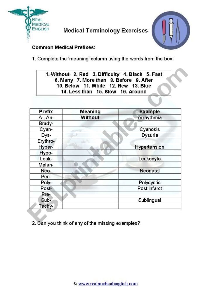 Free Printable Medical Terminology Worksheets