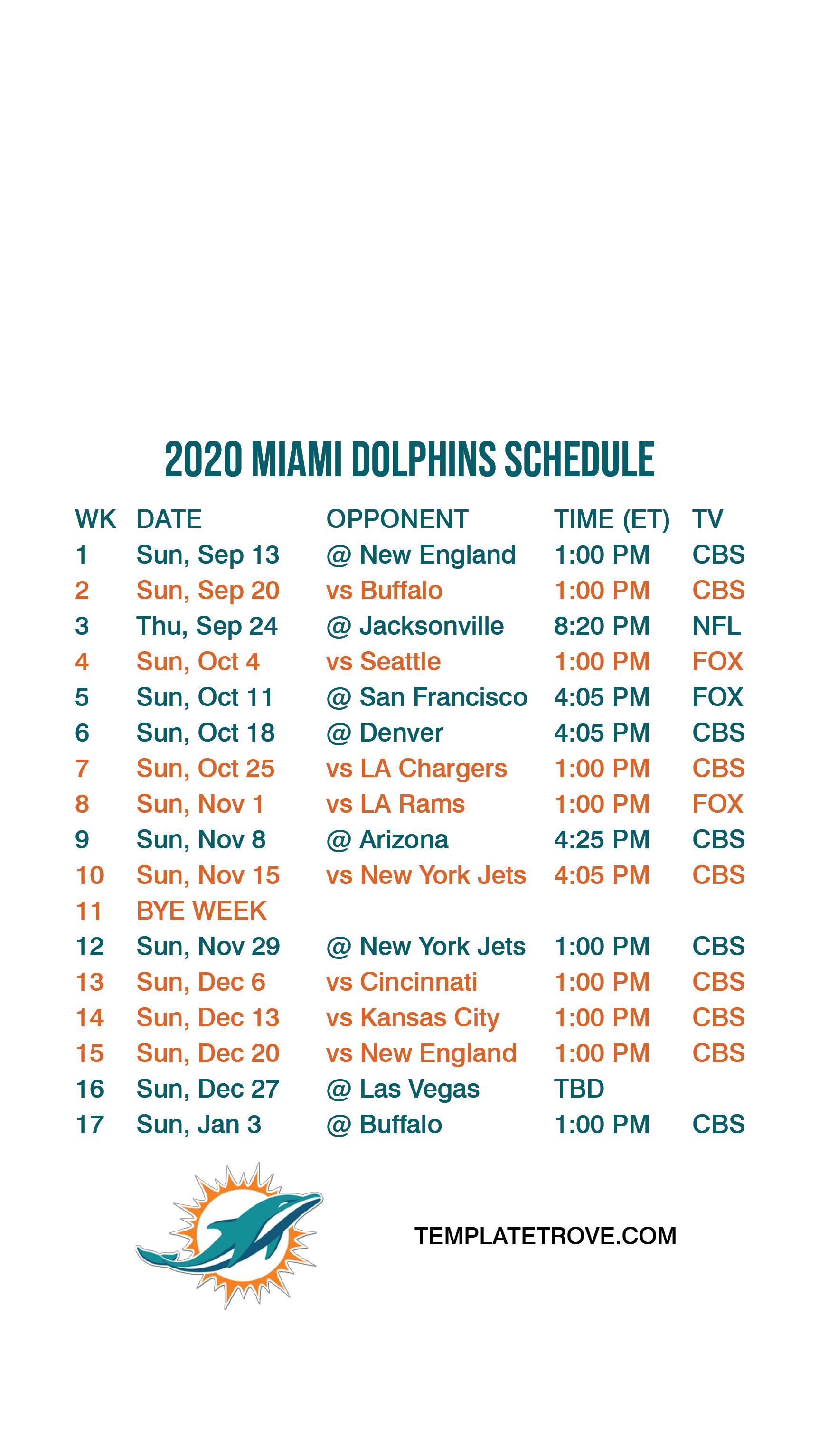 Printable Miami Dolphins Schedule Free Printable Templates