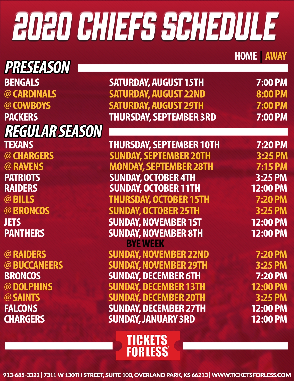 2020 Chiefs Printable Schedule