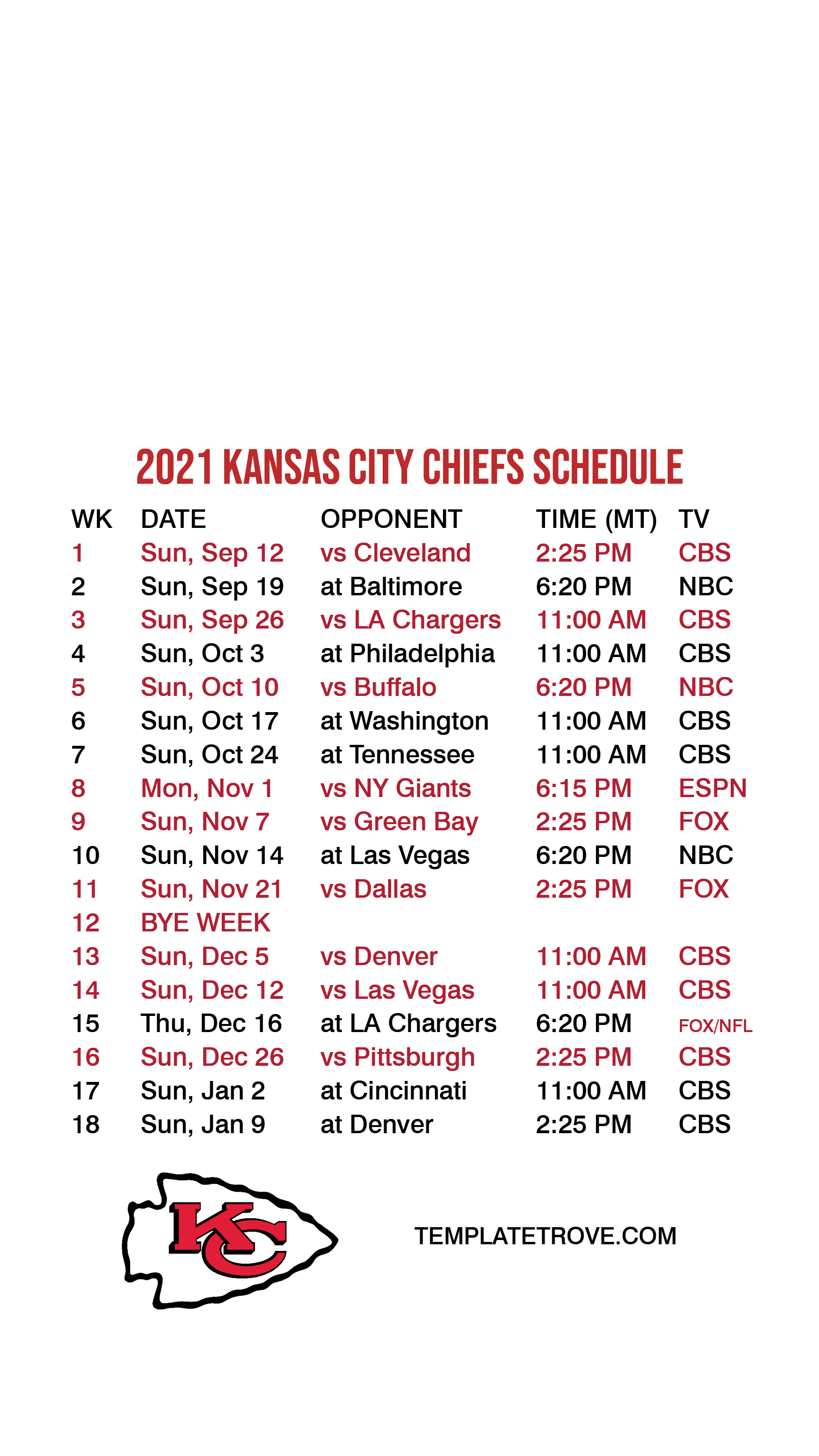 Kc Chiefs Printable Schedule Free Printable Templates