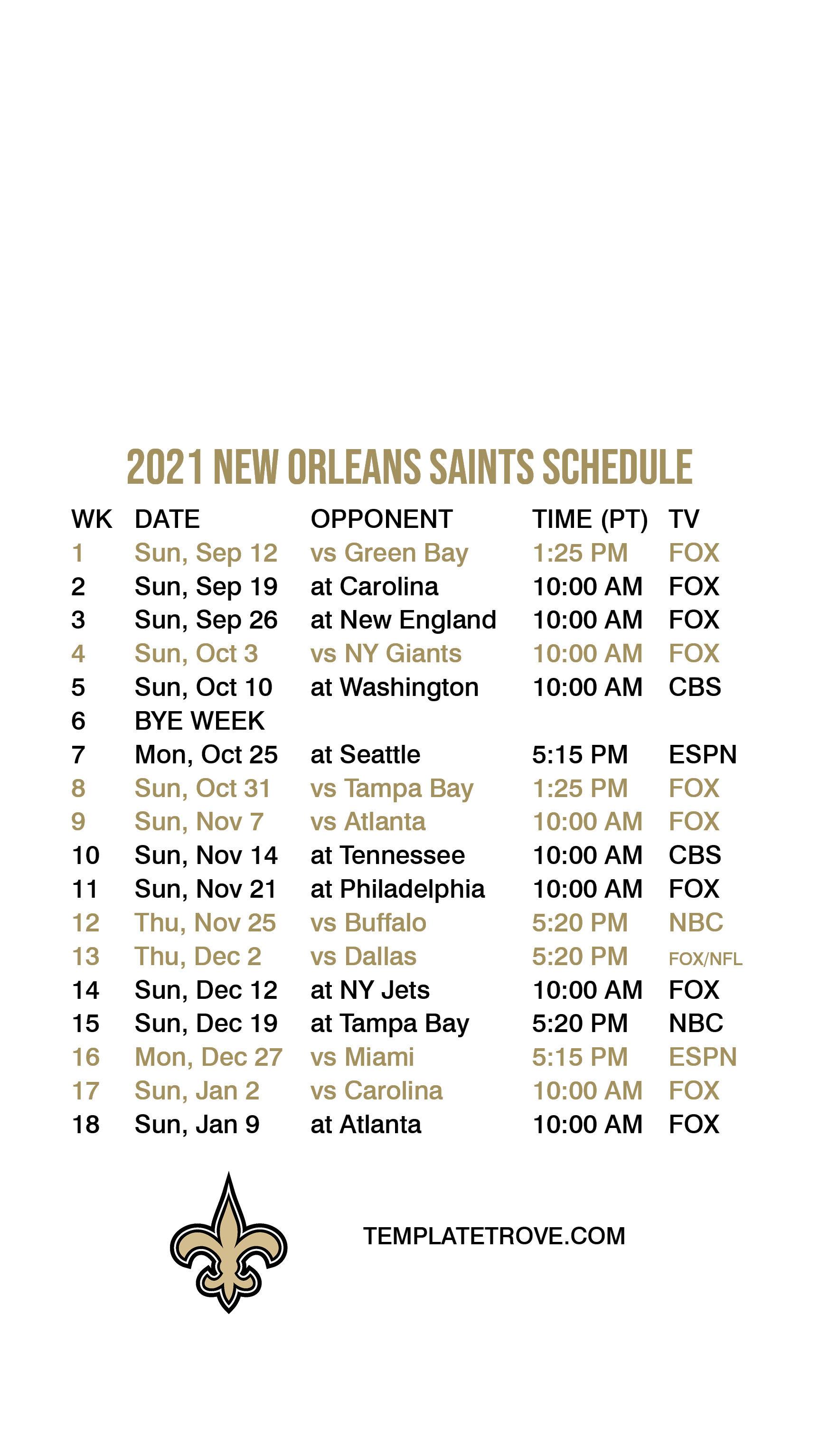 Printable New Orleans Saints Schedule Free Printable Templates