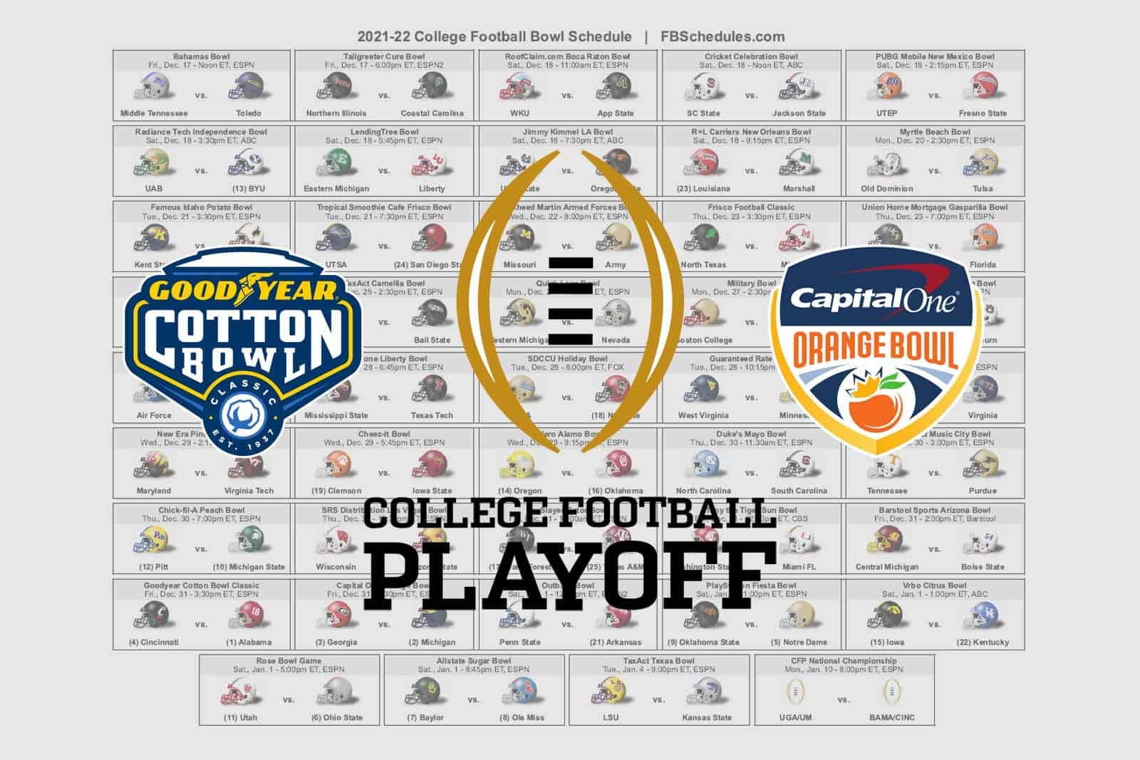 Printable College Bowl Game Schedule