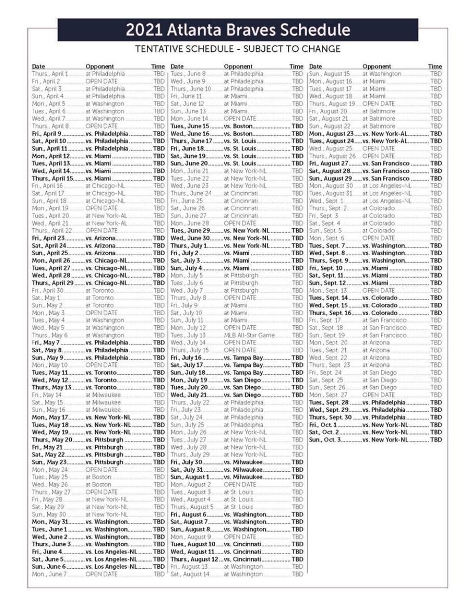 2021 Atlanta Braves Schedule Mdjonline