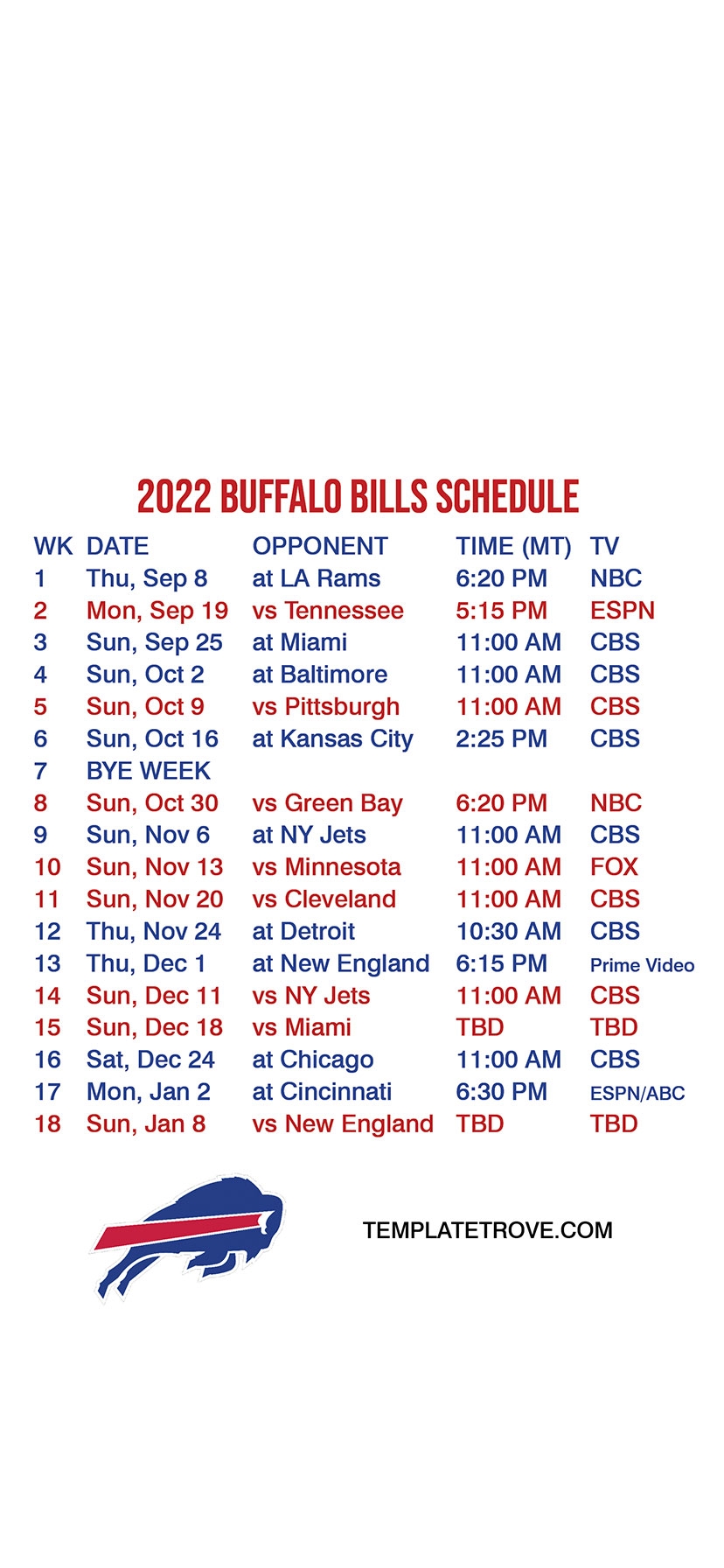 Bills Schedule 2024 Printable