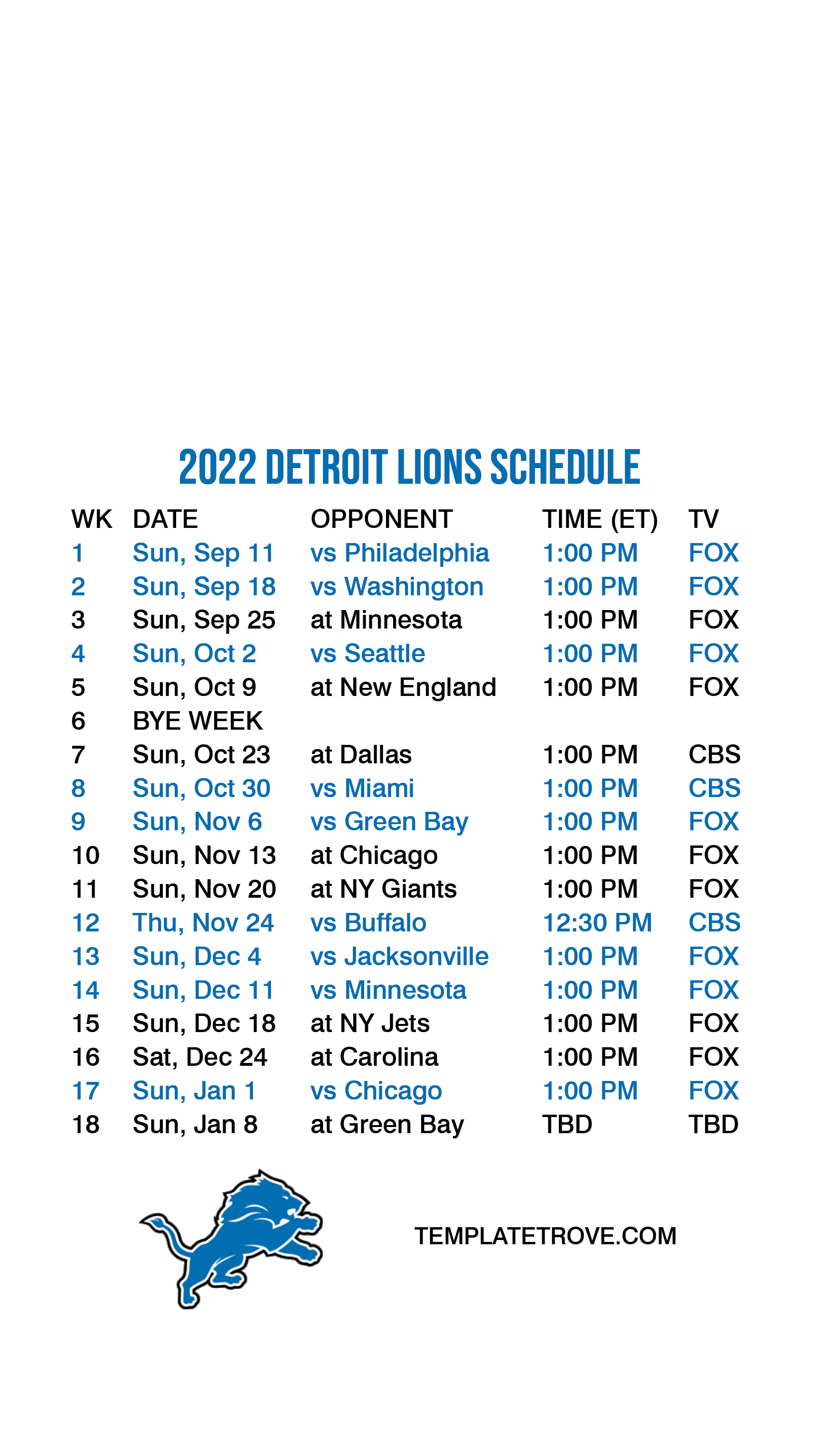 Detroit Lions Printable Schedule