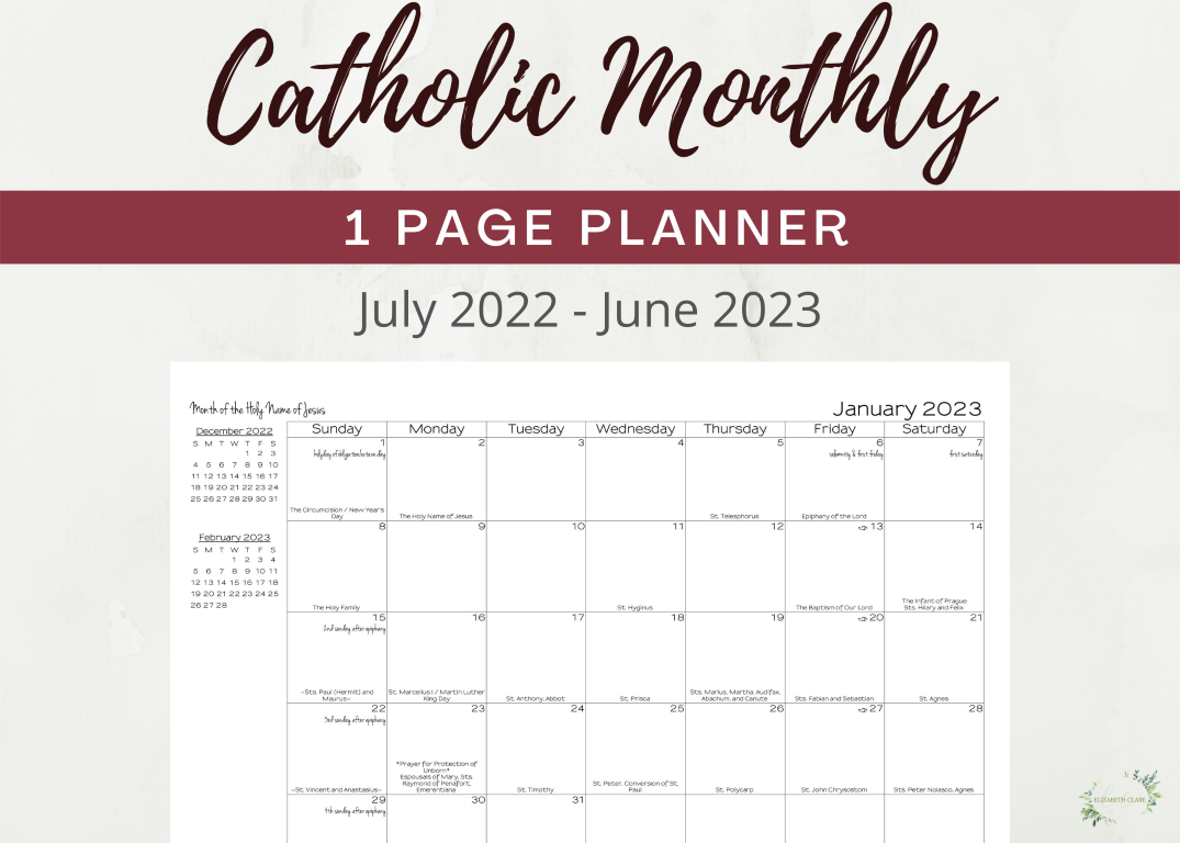 2022 2023 Traditional Catholic Calendar Printable PDF Elizabeth Clare