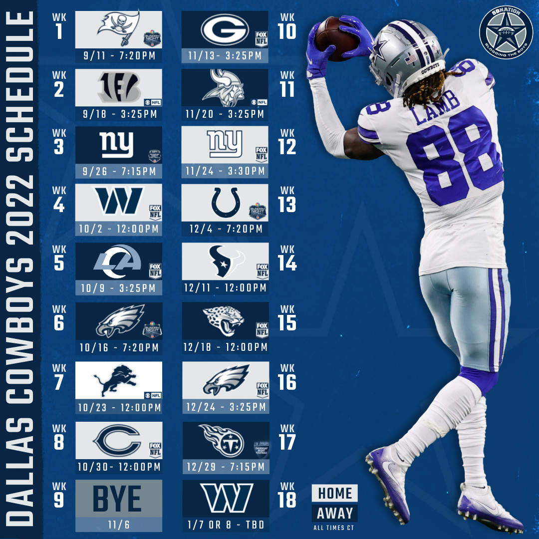 2022 Dallas Cowboys Schedule Date Times Bye Week For Upcoming Season Blogging The Boys