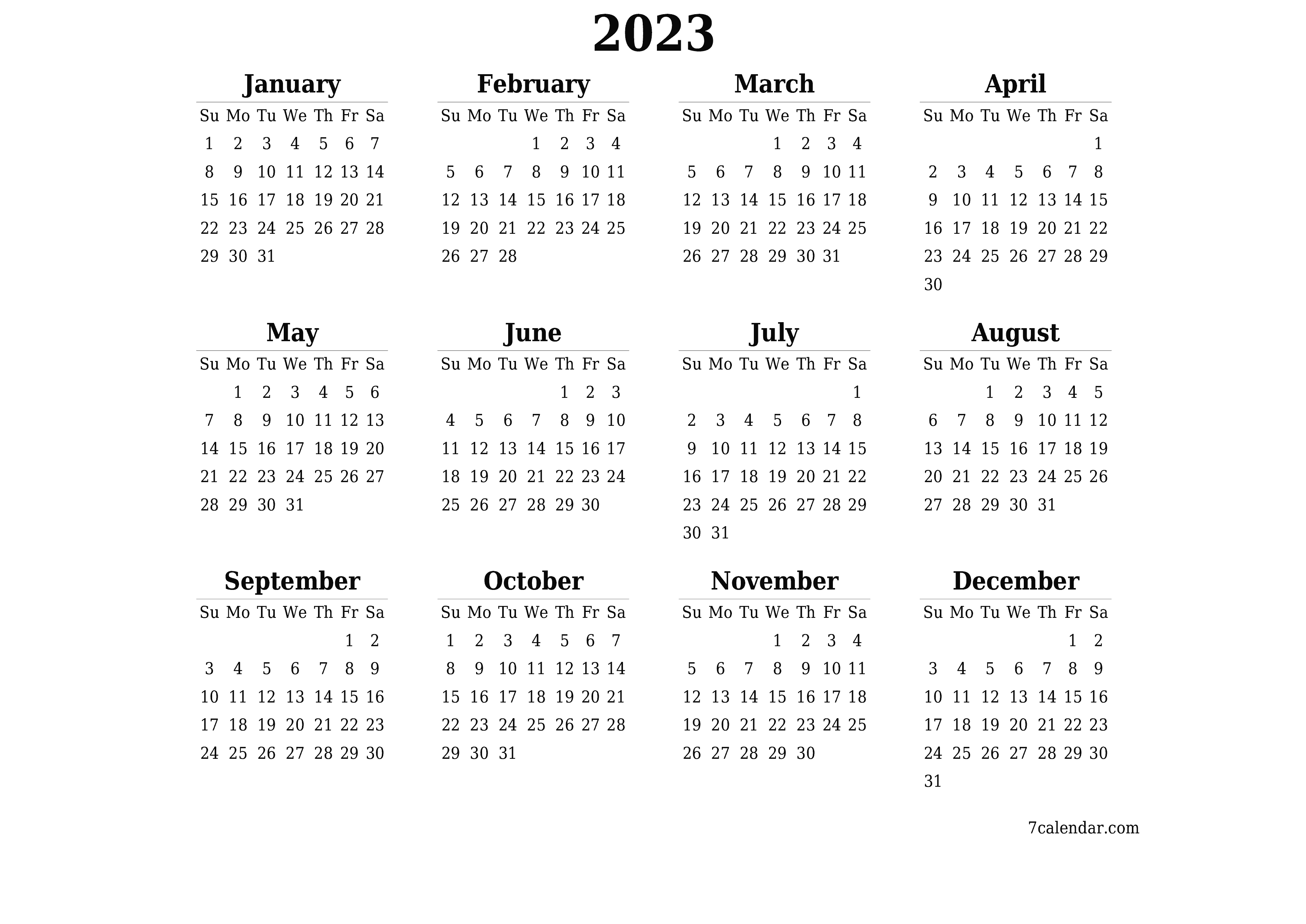 Year Calendar 2023 Printable