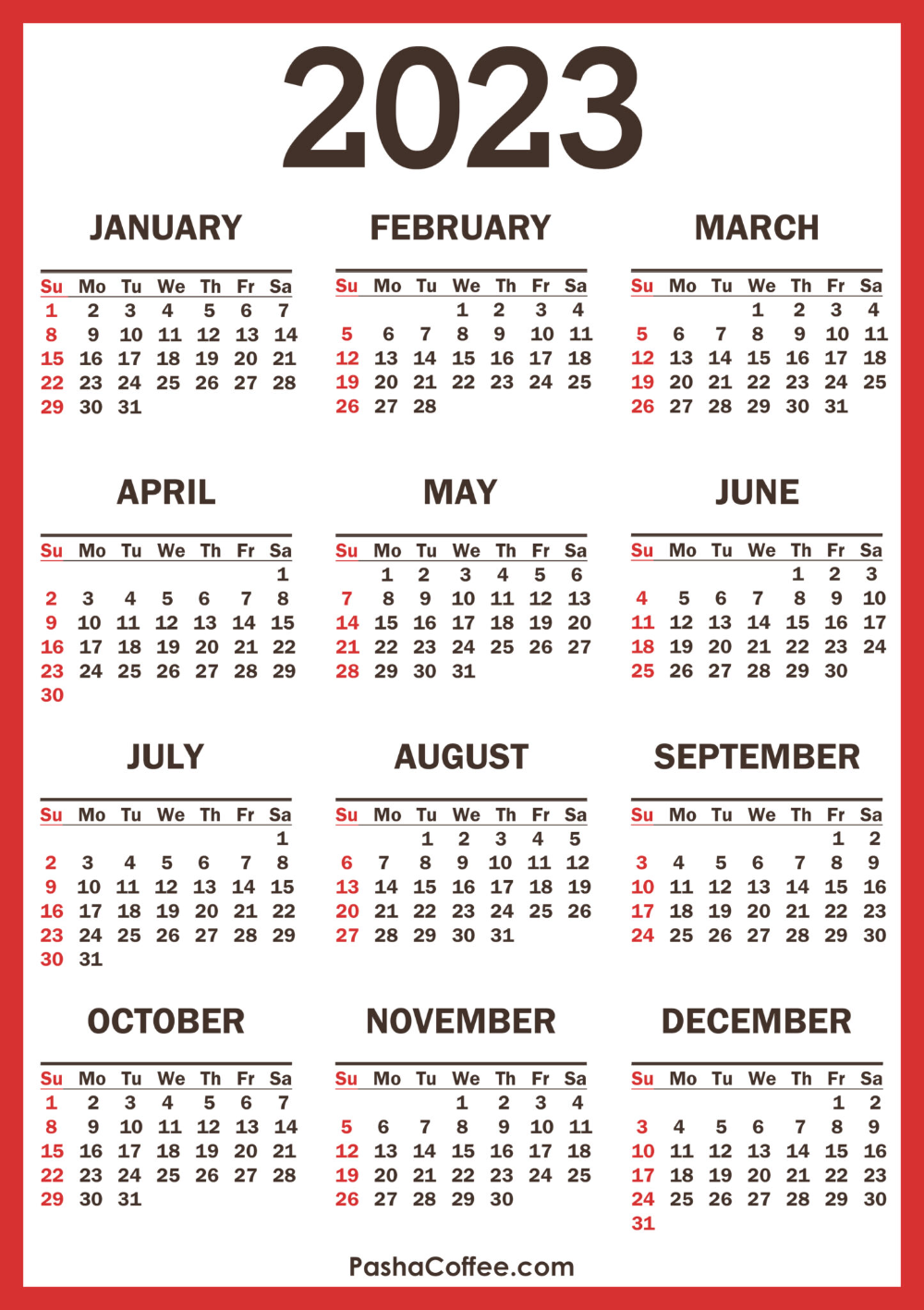 2023 Calendar With Holidays Printable Free Vertical Red PashaCoffee Calendar Printables Free Printables Calendar