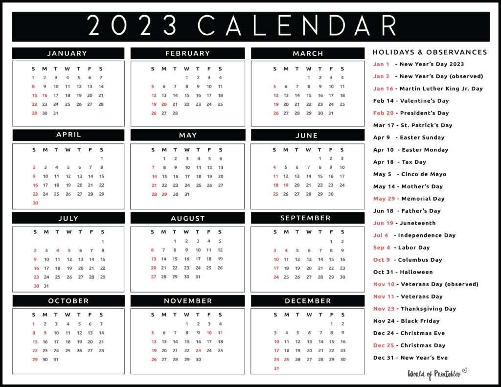 2023 Calendar With Holidays World Of Printables