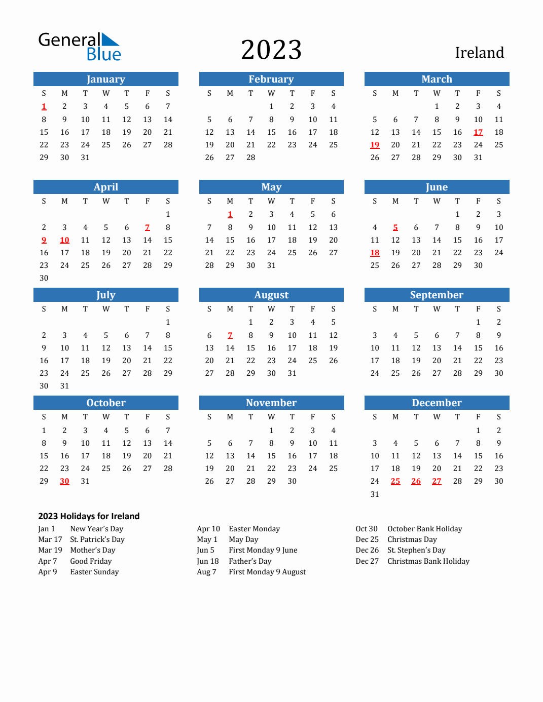 2023 Ireland Calendar With Holidays