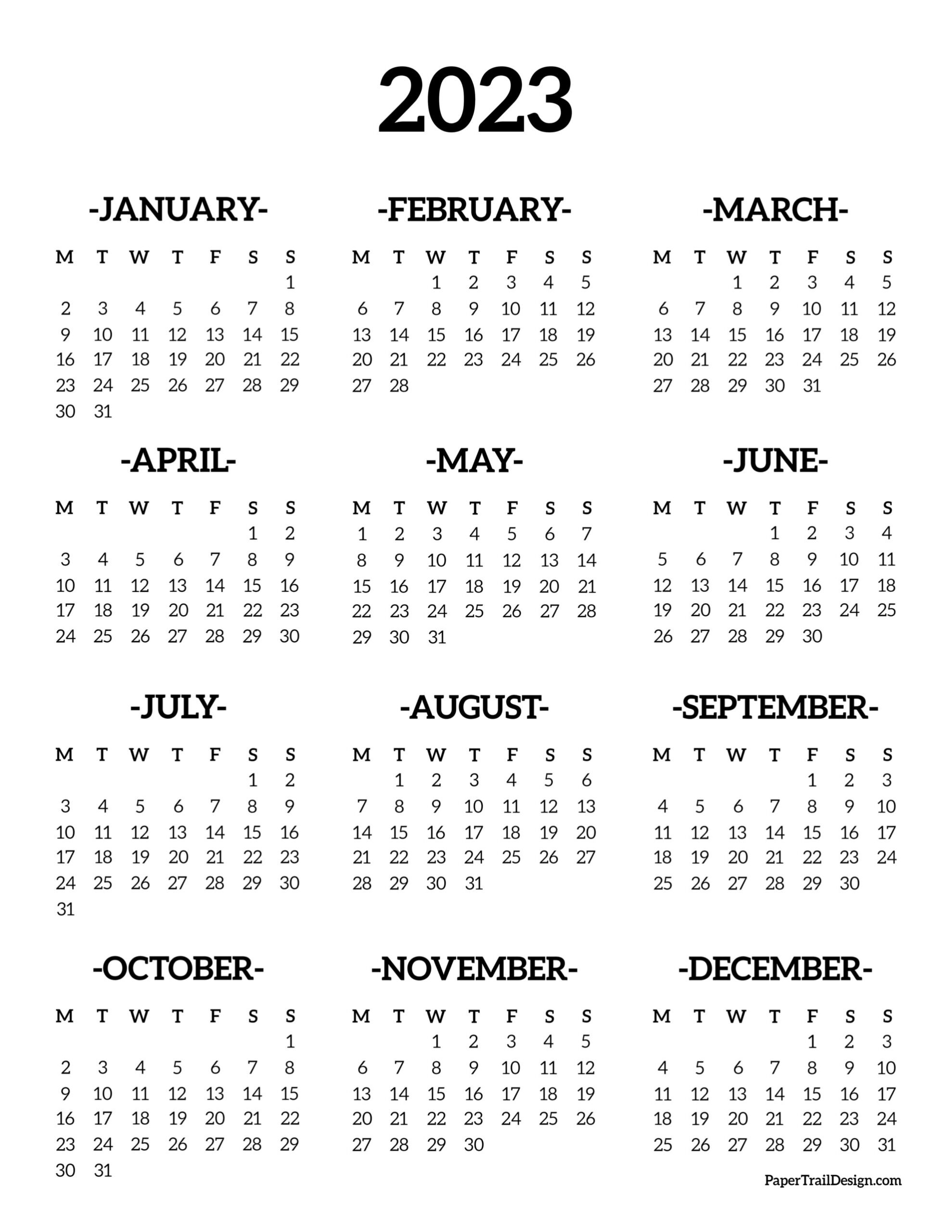 2023 Monday Start Calendar One Page Paper Trail Design