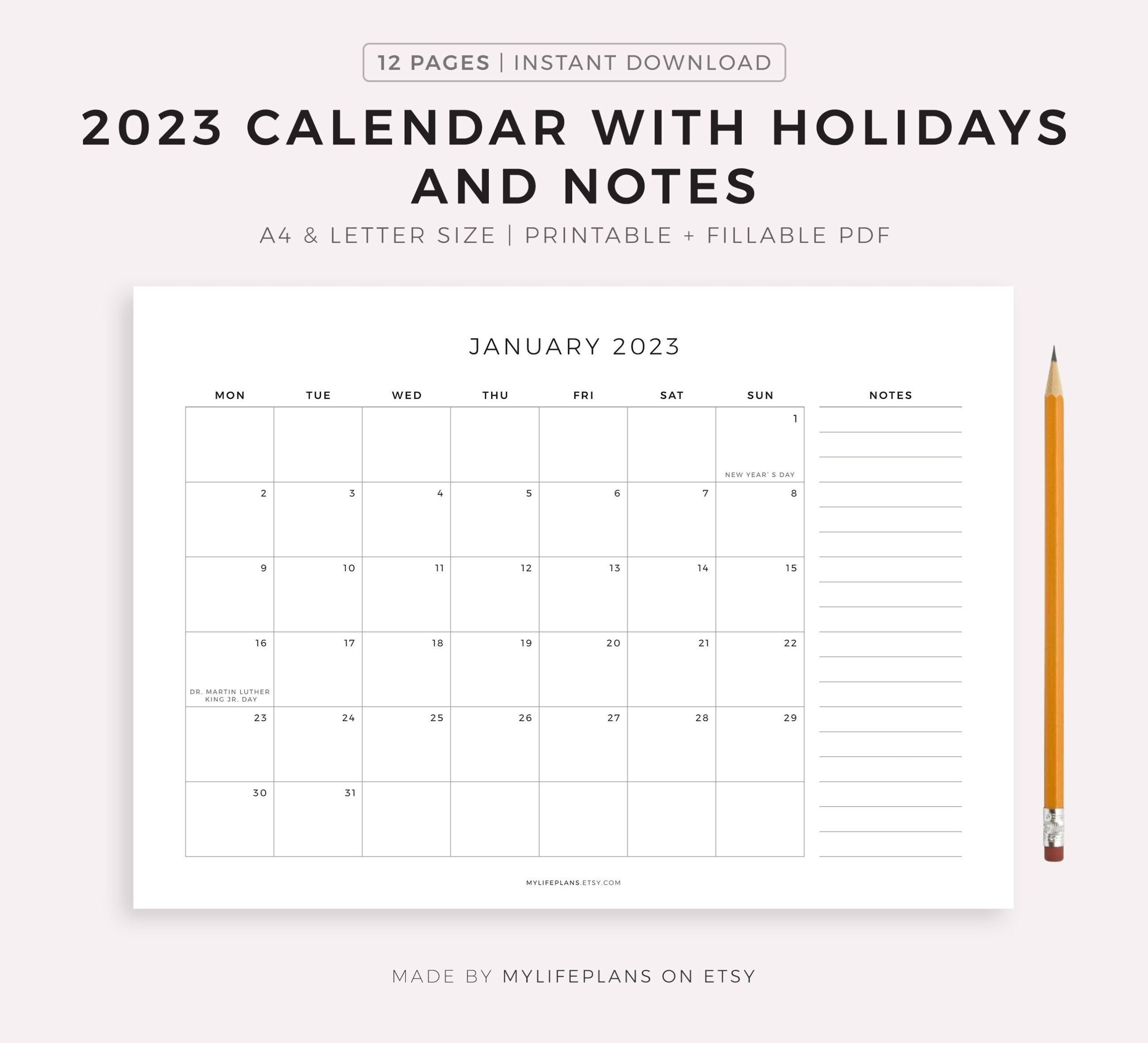 2023 Monthly Calendar With Holidays Notes Printable Etsy de