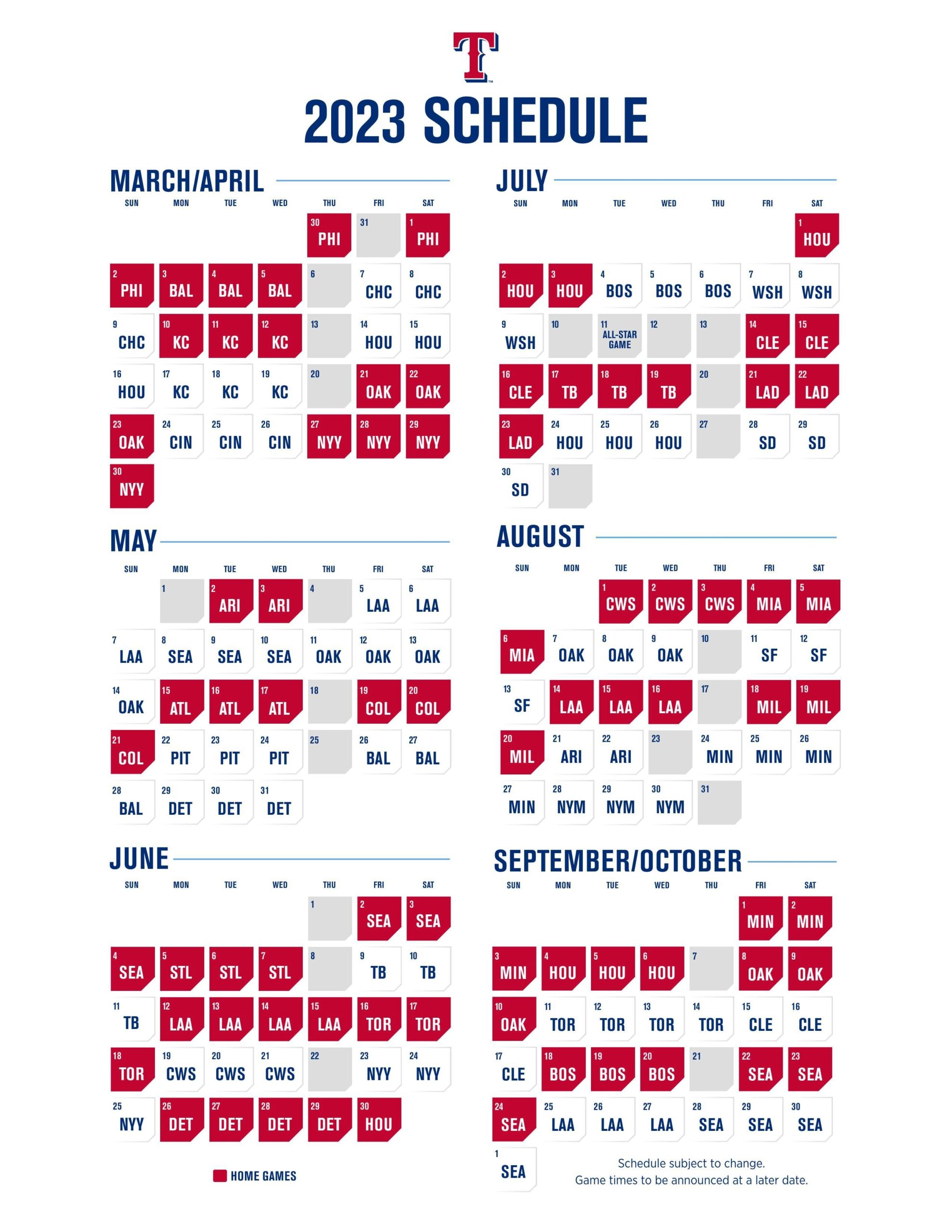 Printable Texas Rangers Schedule