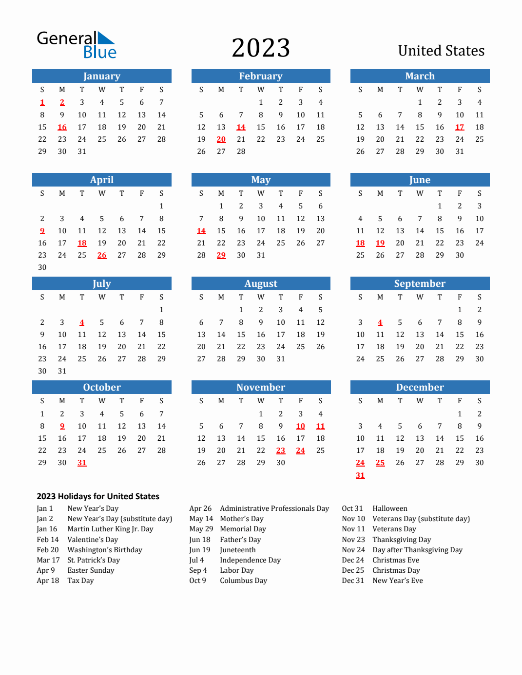 2023 United States Calendar With Holidays