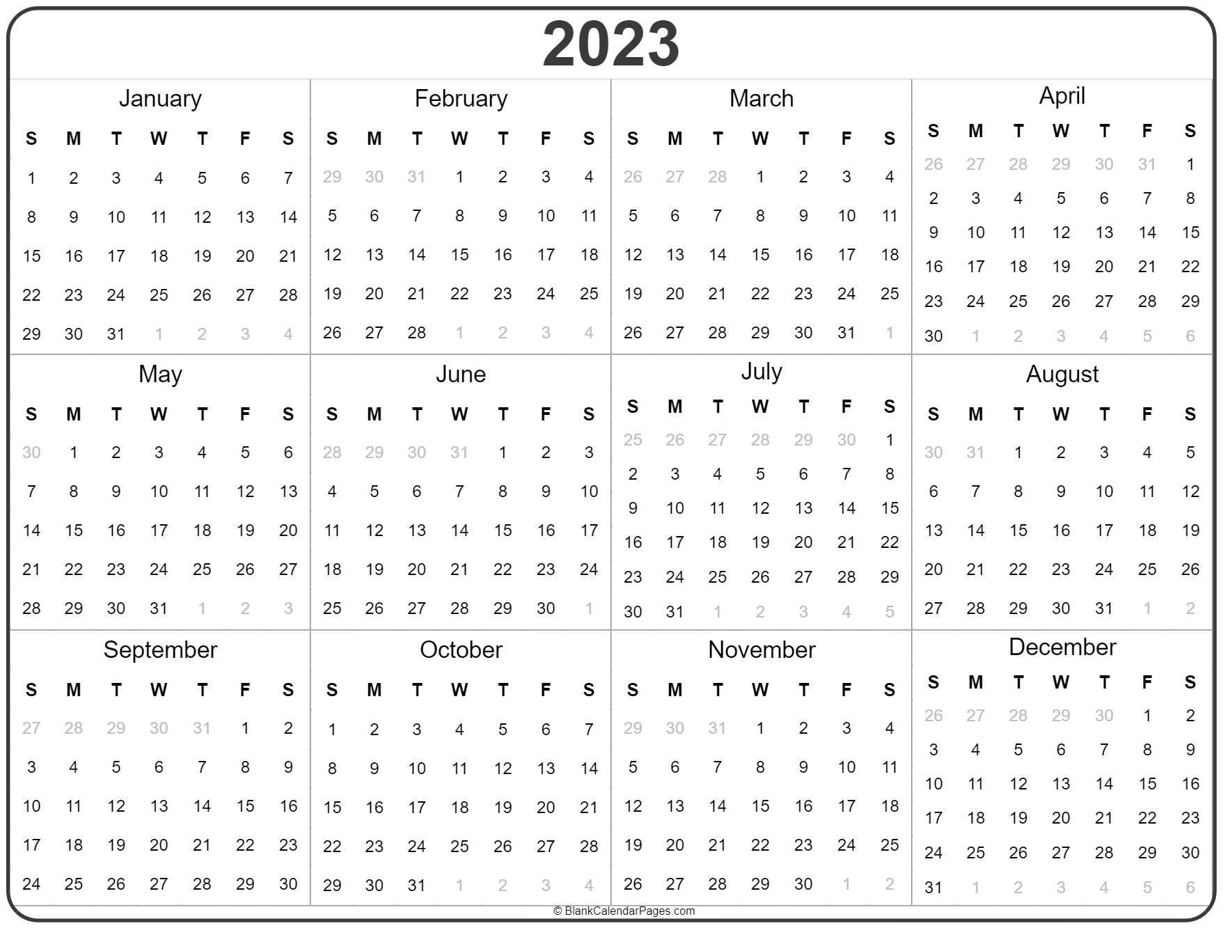 2023 Year Calendar Yearly Printable