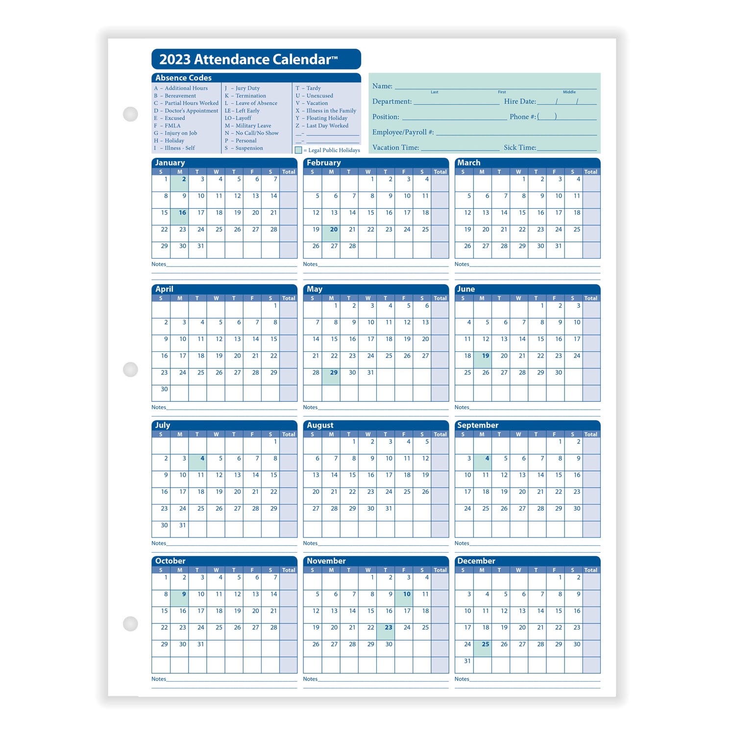 2023 Yearly Employee Attendance Calendar Yearly Calendar HRdirect