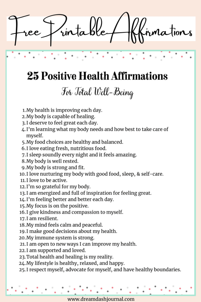 25 Positive Health Affirmations For Well Being Free PDF Printable Cards Worksheet 