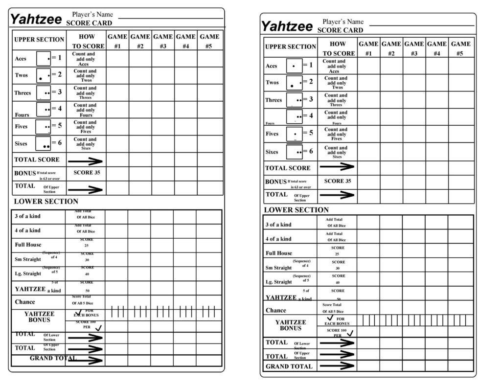 Yahtzee Score Sheets Free Printable