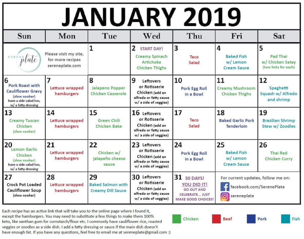 30 Day Keto Meal Plan For January 2019 Low Carb Dinners Serene Plate