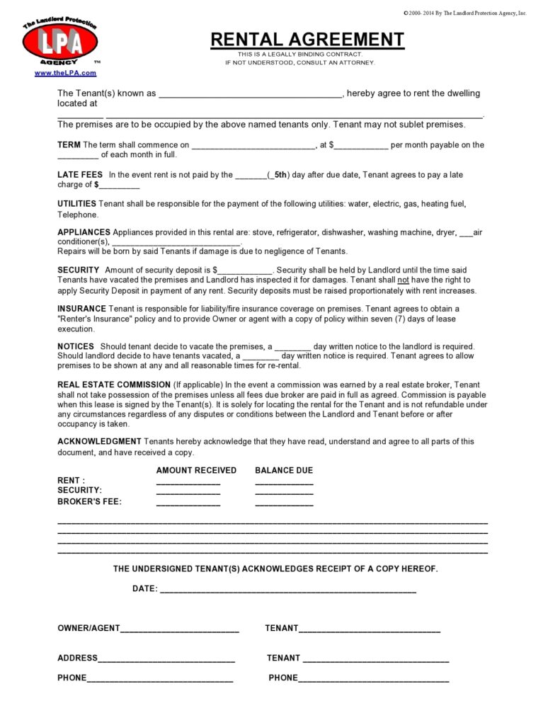 Free Printable Simple One Page Lease Agreement