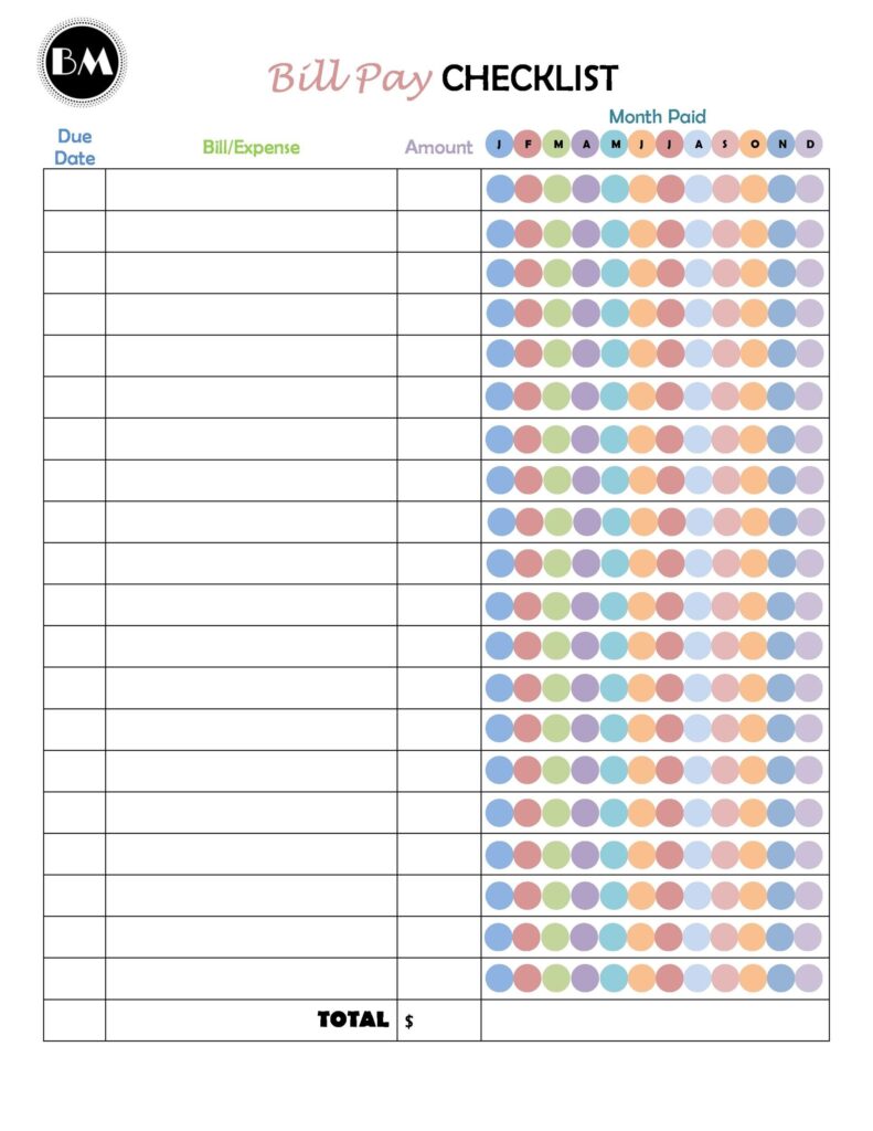 Monthly Bill Free Printable Bill Payment Checklist