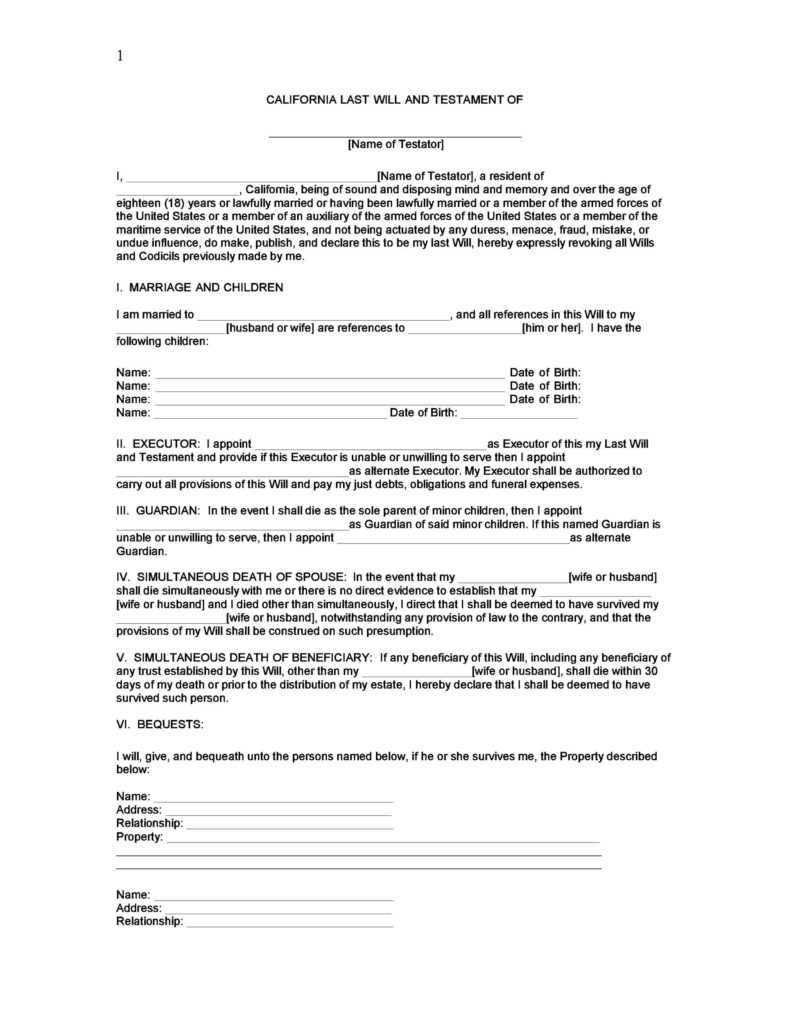 Free Printable Wills Forms