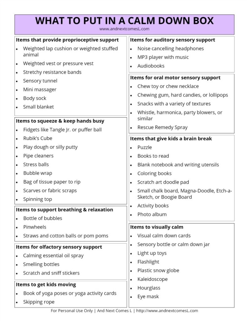 40 Things To Put In A Calm Down Kit For Kids Free Printable And Next Comes L Hyperlexia Resources