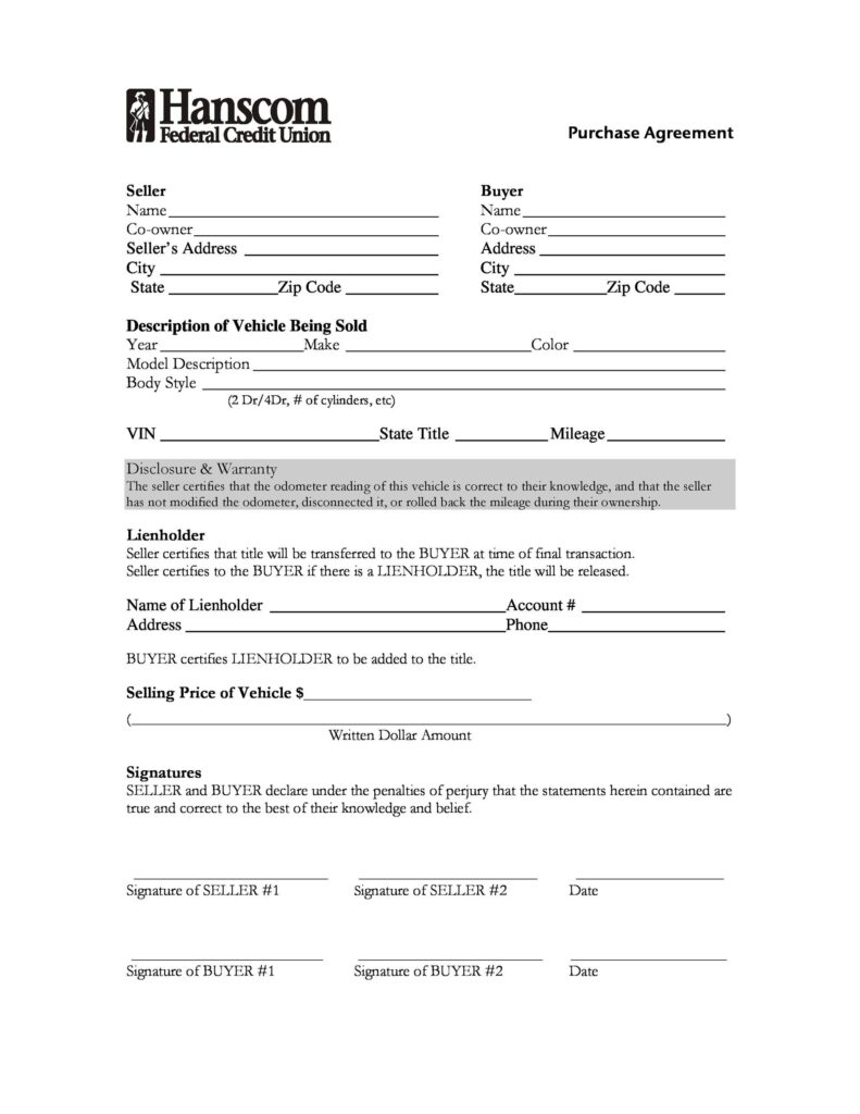 Free Printable Vehicle Purchase Agreement