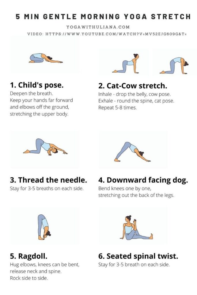 5 Min GENTLE MORNING YOGA STRETCH Free PDF Printable Full Body Yoga Stretch Morning Yoga Sequences Morning Yoga Stretches Gentle Morning Yoga