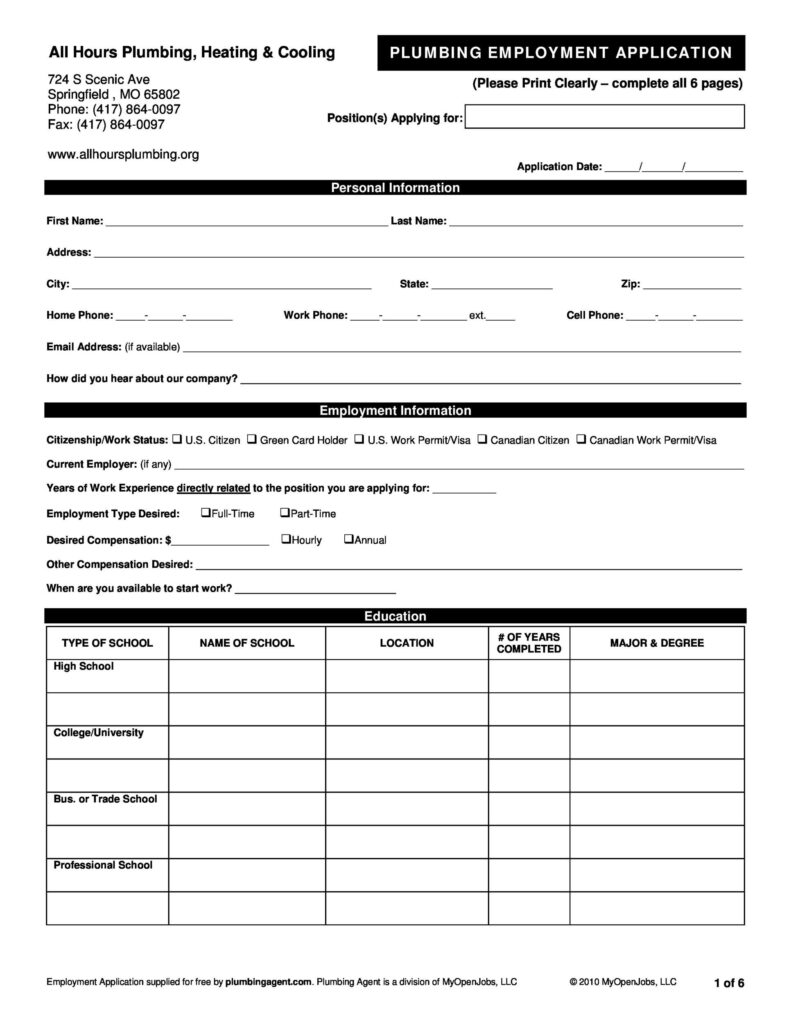 Free Printable Job Application Forms