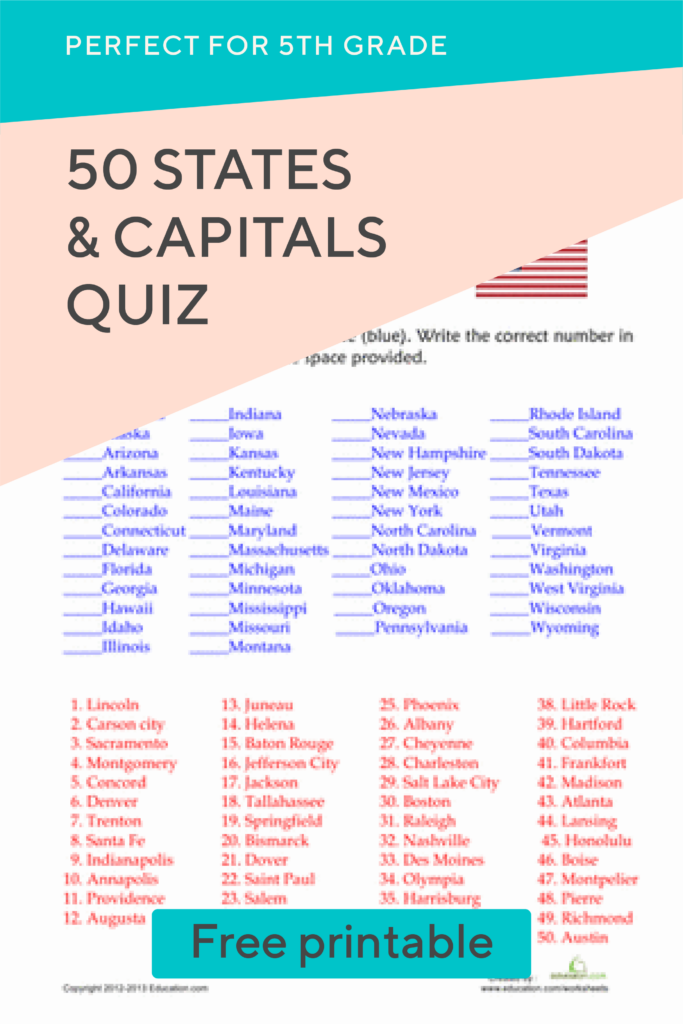 50 States And Capitals Quiz Worksheet Education States And Capitals Learning States State Capitals Quiz