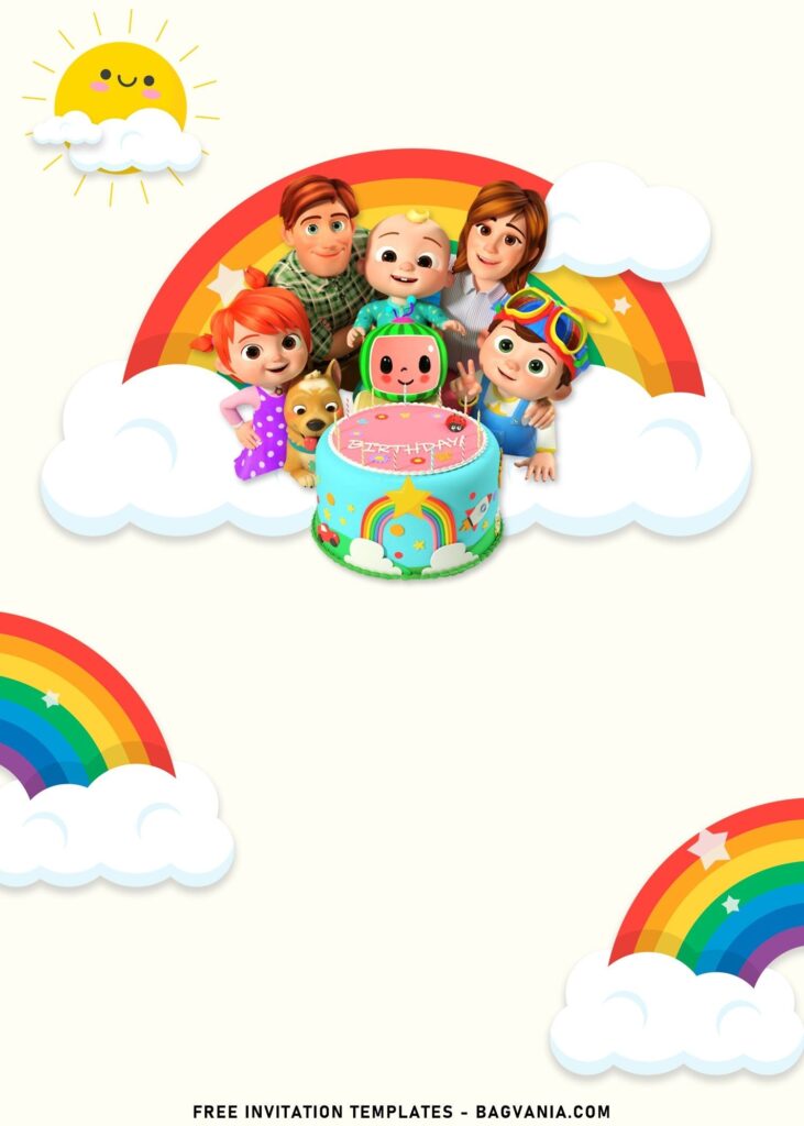 7 Rainbow Baby Cocomelon Birthday Invitation Templates Baby Birthday Invitation Card Baby Birthday Invitations Birthday Invitation Card Template
