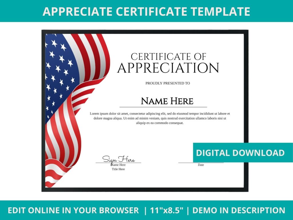 American Certificate Of Appreciation Template Employee Etsy sterreich