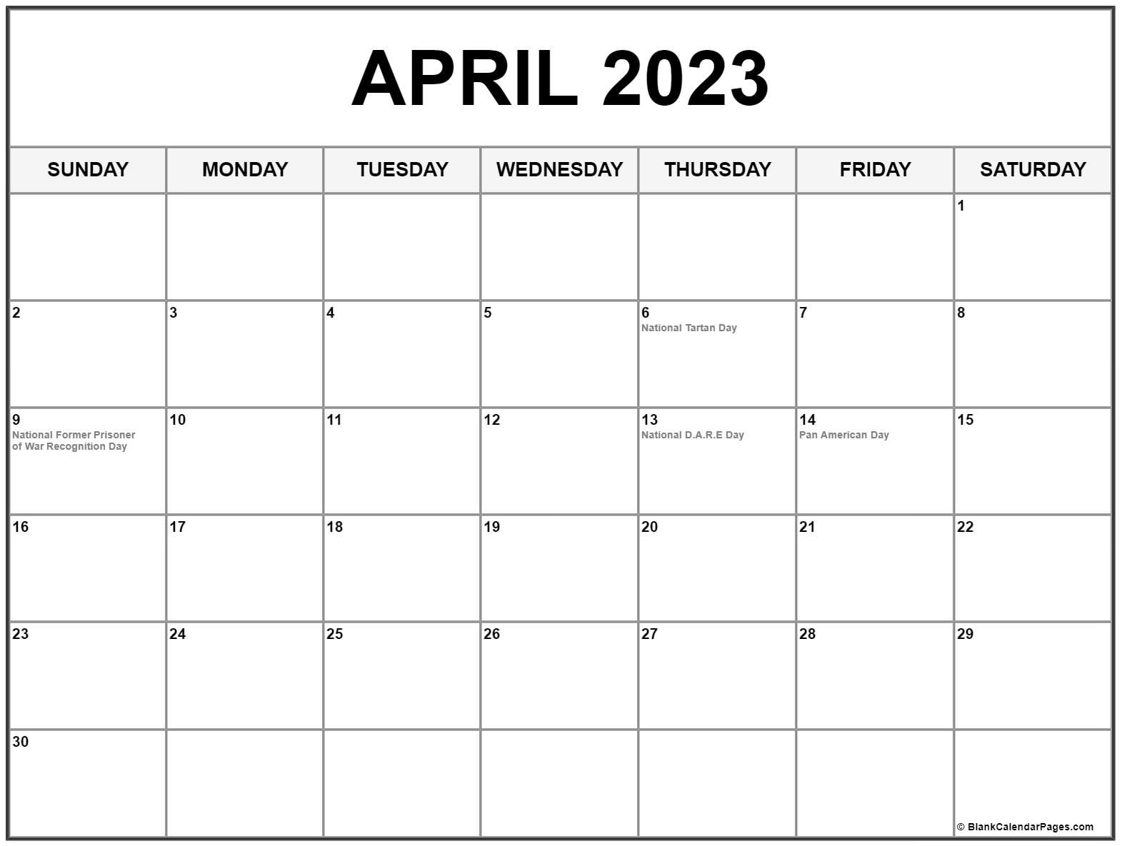 Printable April 2023 Calendar With Holidays