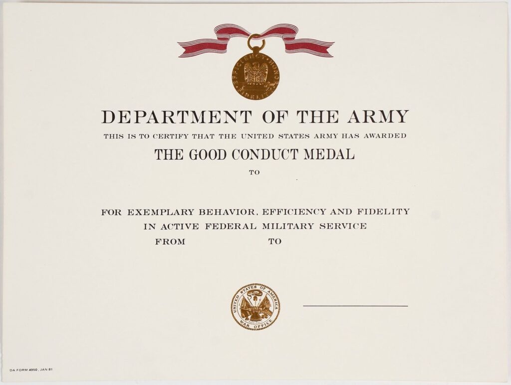 Army Good Conduct Medal Certificate Template Certificate Templates Free Certificate Templates Printable Certificates