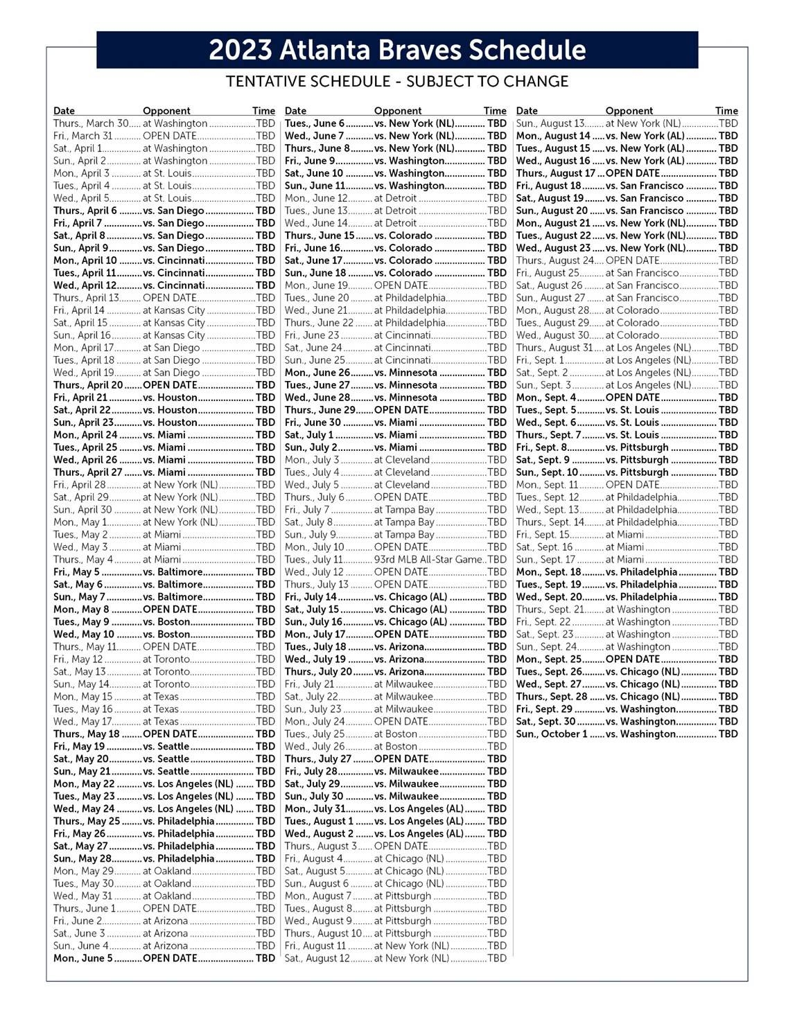 Atlanta Braves Printable Schedule