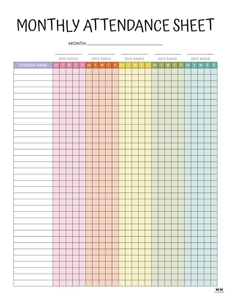 Attendance Sheets 50 FREE Printables Printabulls