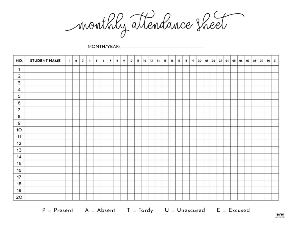 Attendance Sheets 50 FREE Printables Printabulls