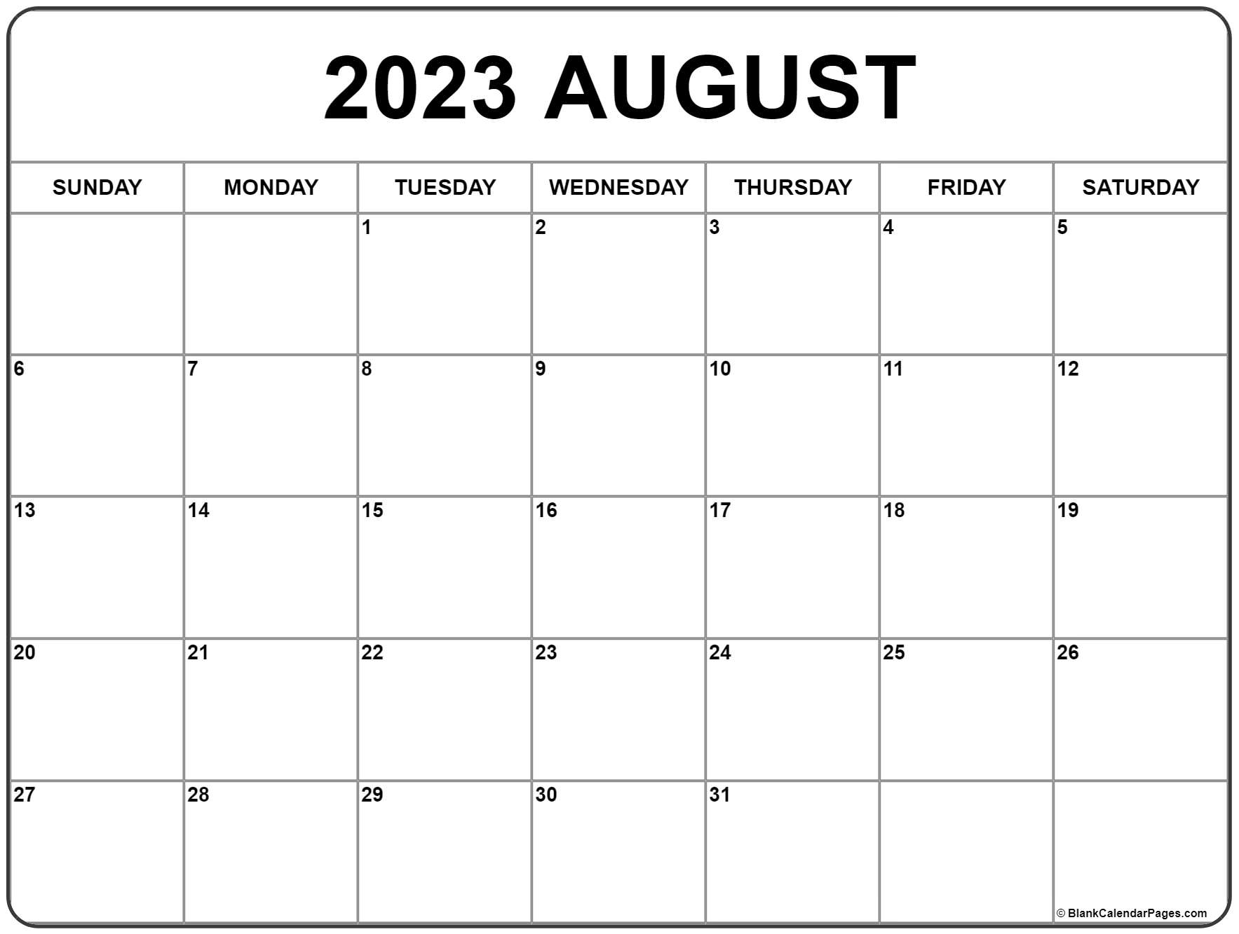 August 2023 Calendar Printable