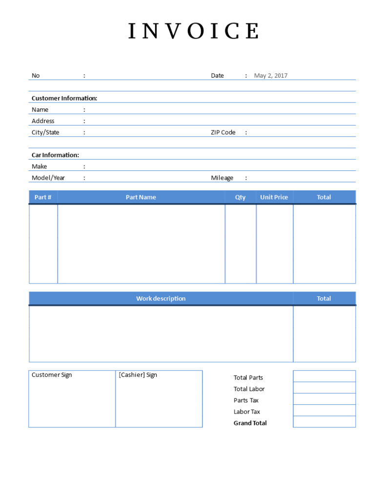 Free Printable Auto Repair Invoice Template