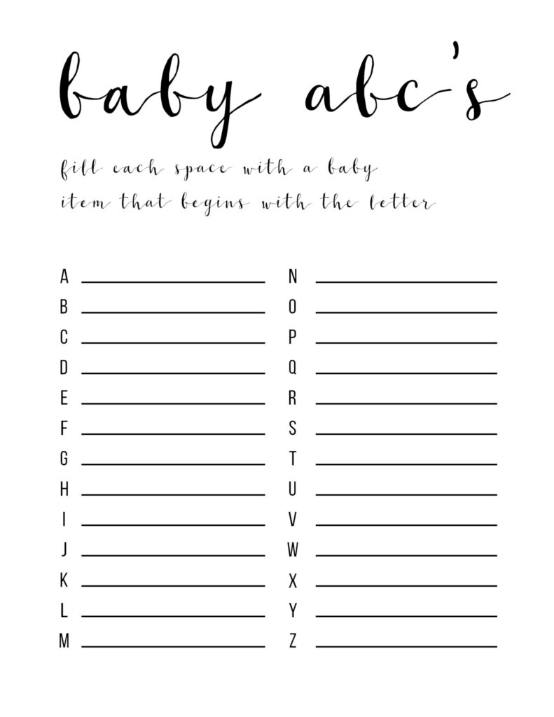 Baby Shower Games Ideas ABC Game Free Printable Paper Trail Design