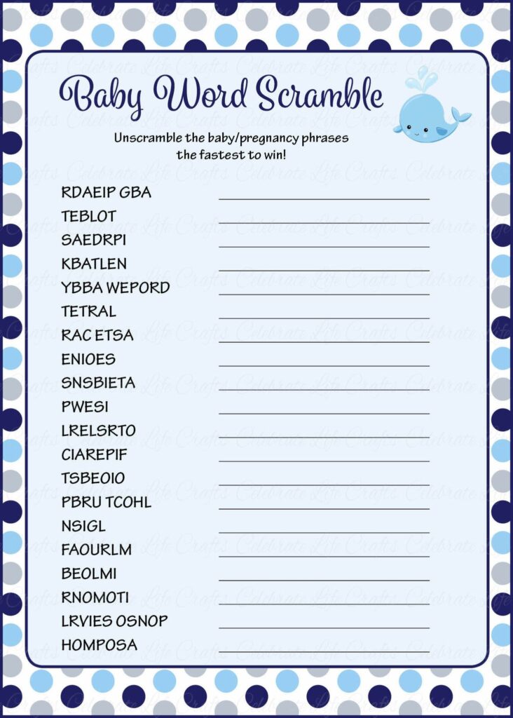 Baby Word Scramble Printable Download Navy Gray Whale Baby Shower Game B15007 Men Baby Shower Games Baby Words Baby Word Scramble