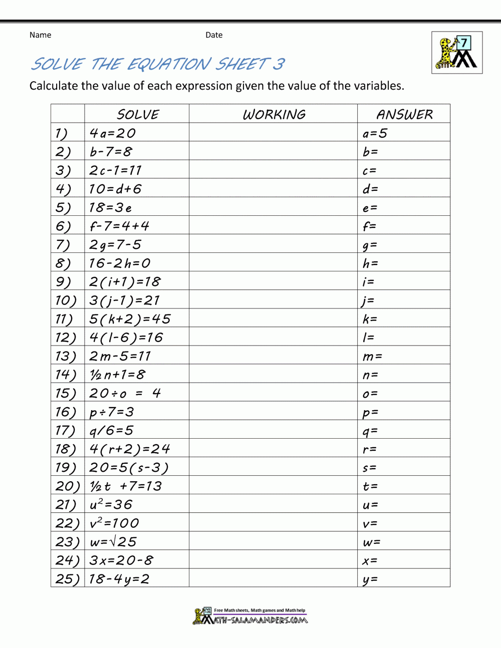 Free Printable Algebra Worksheets For 6th Grade