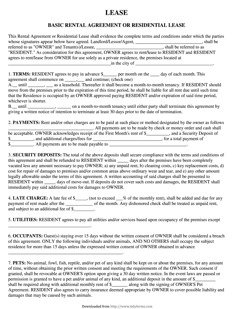 Basic Rental Agreement Or Residential Lease Fill Out Sign Online DocHub