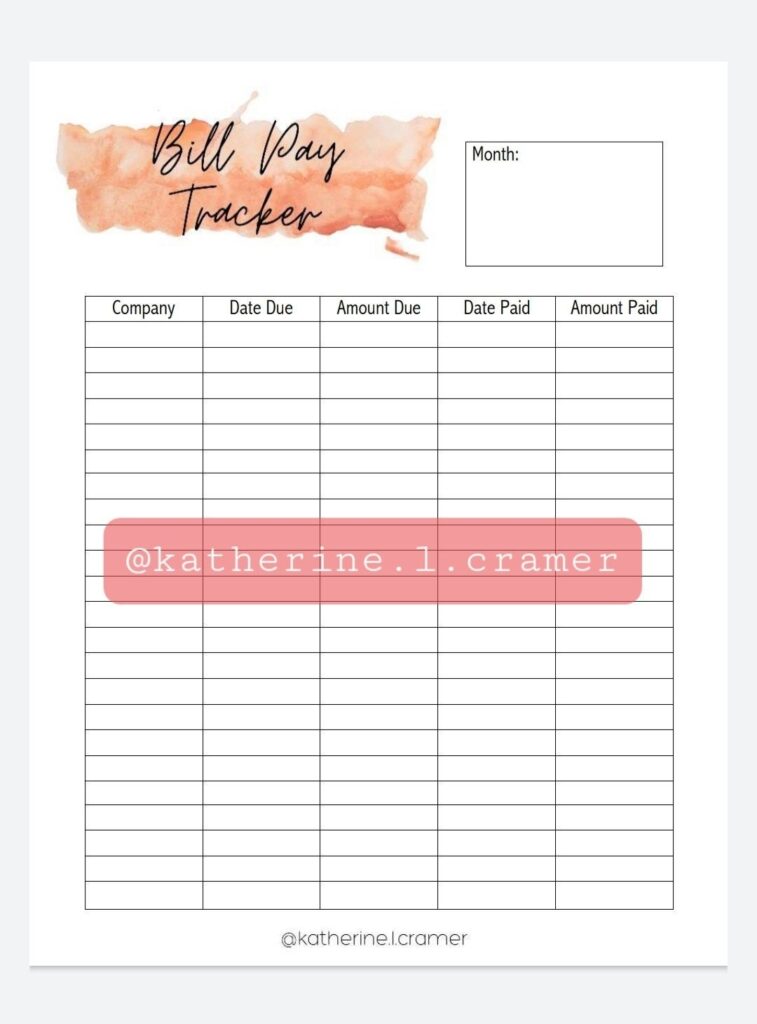 Free Printable Monthly Bill Chart